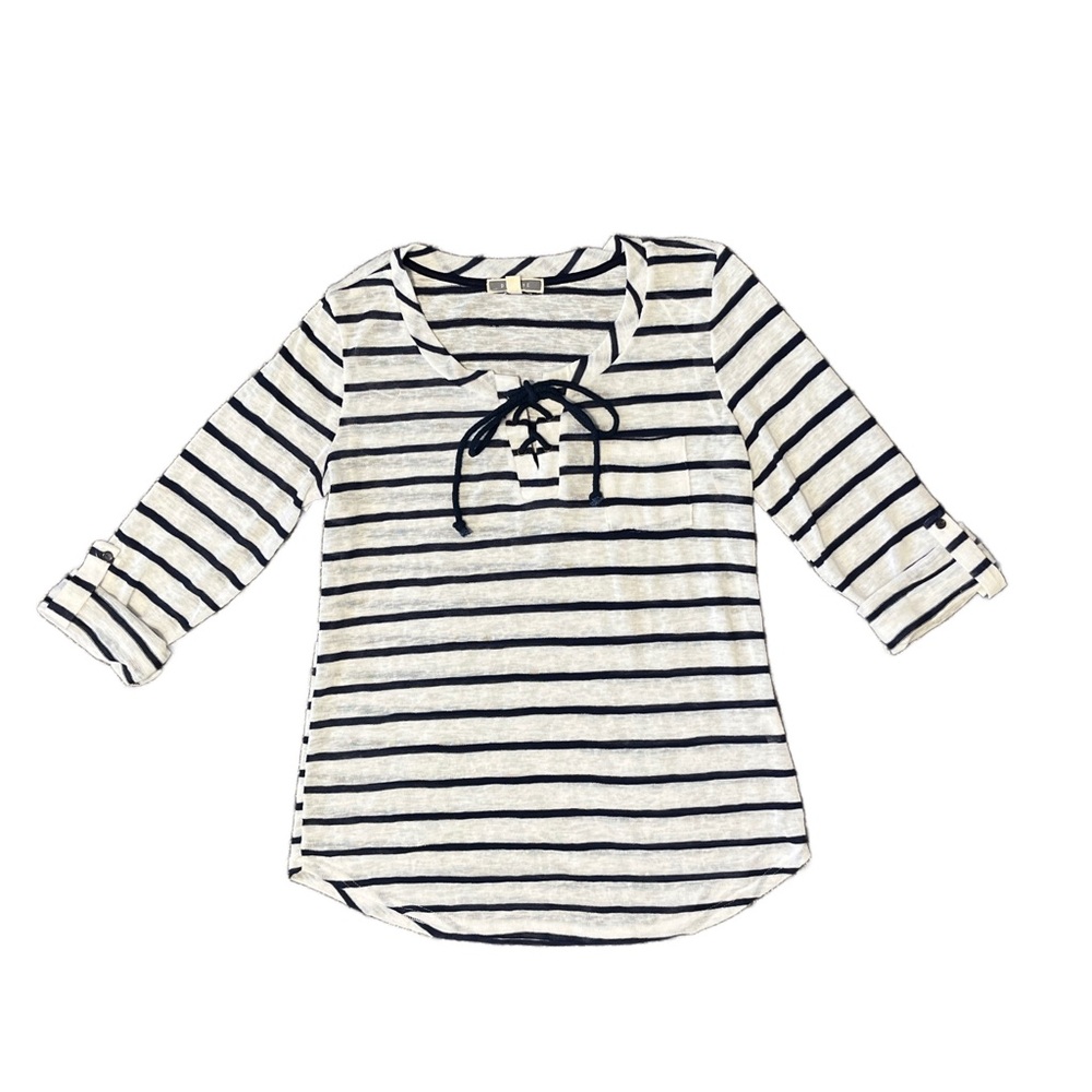 Pleione  Navy Striped Long Sleeve Knit Top Size M
